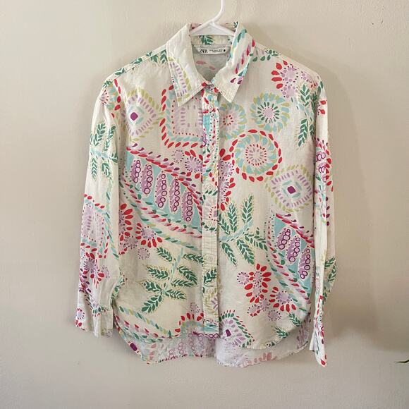 Zara Linen Button-Up Shirt Womens XS White Floral Casual Summer Basic Feminine - Picture 2 of 9
